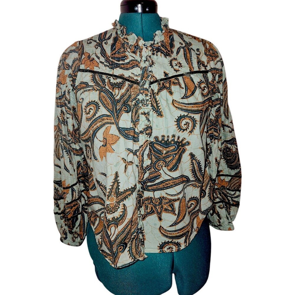 Jennifer & Grace Womens Multicolor Paisley Balloon Sleeve Button Down Shirts M